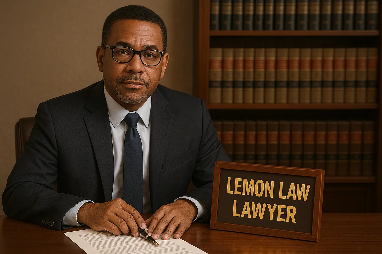 a lawyer sitting at his desk with a sign next to him that says lemon law from EZ Lemon Law Lawyer in Fort Worth, TX - Car warranty lawyers a lawyer sitting at his desk with a sign next to him that says lemon law from EZ Lemon Law Lawyer in Fort Worth, TX - Car warranty lawyers