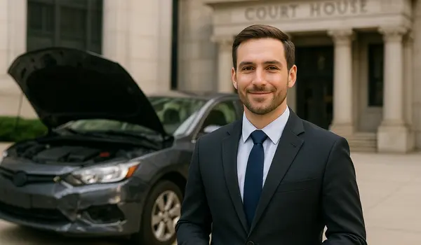 a male lawyer smiling at the camera with a lemon car in the background from EZ Lemon Law Lawyer in Dallas, TX - Dallas TX