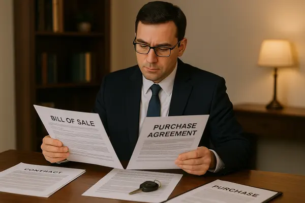 a lemon law lawyer in his office reading a bill of sale and purchase agreement from EZ Lemon Law Lawyer in Dallas, TX - Dallas TX