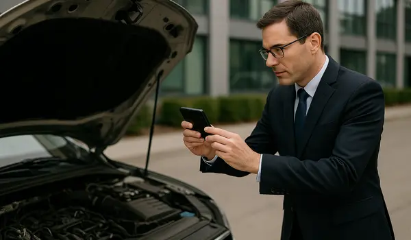 a man using his phone to take a picture under the hood of his lemon car from EZ Lemon Law Lawyer in Fort Worth, TX a man using his phone to take a picture under the hood of his lemon car from EZ Lemon Law Lawyer in Fort Worth, TX