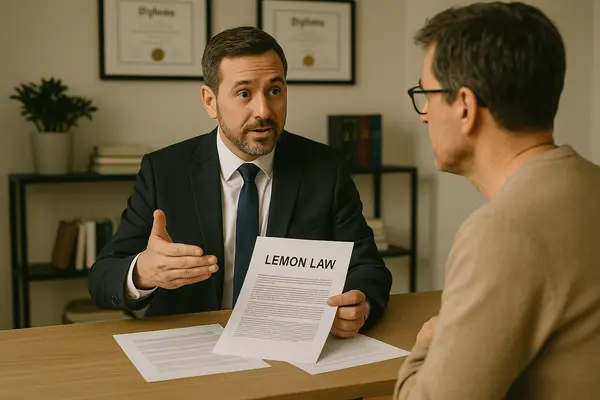 a lawyer in his office explaining the lemon law to a customer from EZ Lemon Law Lawyer in Fort Worth, TX a lawyer in his office explaining the lemon law to a customer from EZ Lemon Law Lawyer in Fort Worth, TX