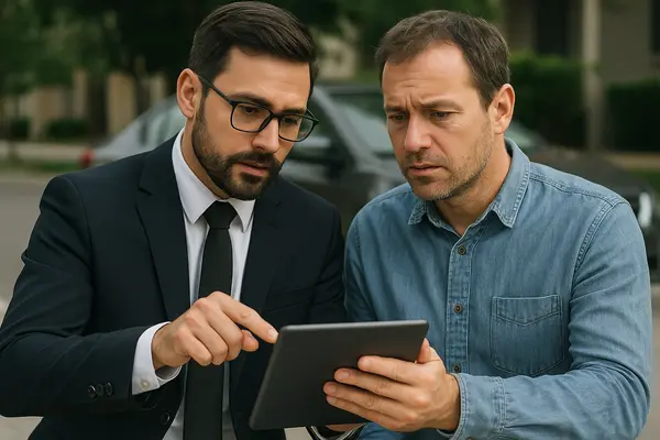 a lawyer with an iPad explaining something to his client from EZ Lemon Law Lawyer in Irving, TX - Irving TX