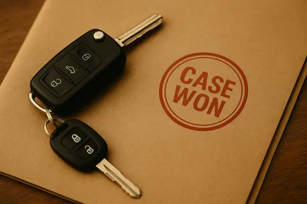 a set of keys on top of a folder that says case won from EZ Lemon Law Lawyer in Irving, TX - Irving TX