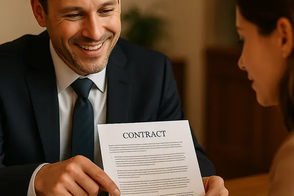 a lemon law lawyer smiling as he shows a contract to a woman from EZ Lemon Law Lawyer in Fort Worth, TX - lemon law buyback