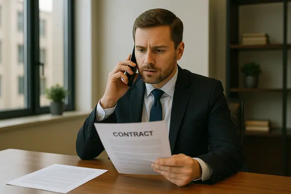 a male lawyer talking on his phone while holding a legal document from EZ Lemon Law Lawyer in Fort Worth, TX - Lemon law for Ford a male lawyer talking on his phone while holding a legal document from EZ Lemon Law Lawyer in Fort Worth, TX - Lemon law for Ford