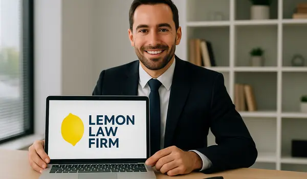 a lawyer in his office showing a laptop screen that says lemon law firm from EZ Lemon Law Lawyer in Fort Worth, TX - Lemon law for Tesla Vehicles