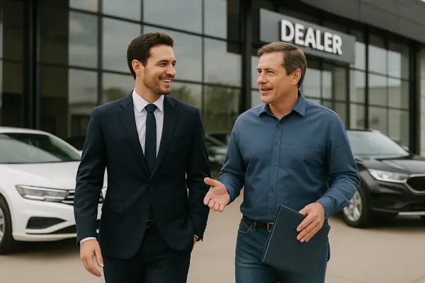 a lawyer and a customer walking together, both smiling from EZ Lemon Law Lawyer in Fort Worth, TX - Lemon law for Tesla Vehicles