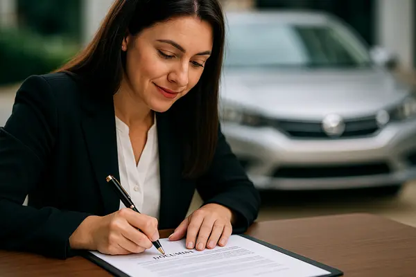 a female representative pointing to a car sales contract with a pen from EZ Lemon Law Lawyer in Fort Worth, TX - Lemon Law in Texas