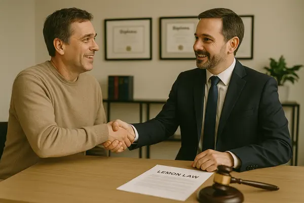 a lemon law lawyer shaking hands with a customer in his office from EZ Lemon Law Lawyer in Fort Worth, TX - Lemon Law in Texas
