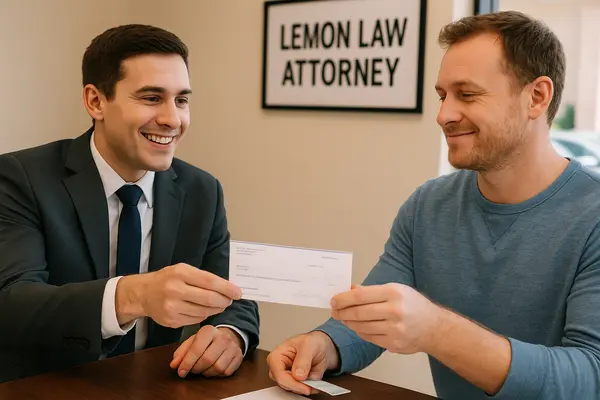 a lemon law lawyer handing a check to his customer after winning his case from EZ Lemon Law Lawyer in Fort Worth, TX - Lemon Law in Texas