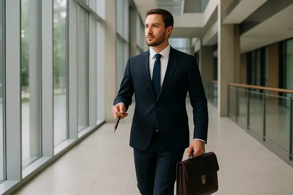 a lawyer walking down a hallway with a briefcase from EZ Lemon Law Lawyer in Mansfield, TX - Mansfield TX