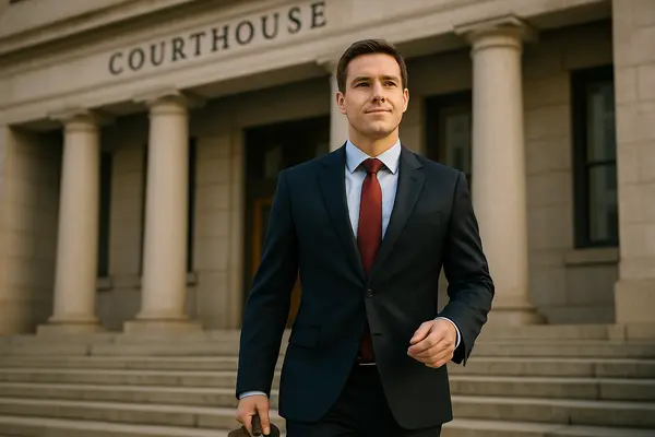 a lawyer walking down the stairs of a courthouse entrance from EZ Lemon Law Lawyer in Mansfield, TX - Mansfield TX