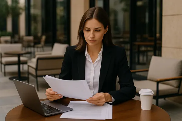 a female lawyer reading a document outside a coffee shop from EZ Lemon Law Lawyer in Weatherford, TX - Weatherford TX a female lawyer reading a document outside a coffee shop from EZ Lemon Law Lawyer in Weatherford, TX - Weatherford TX